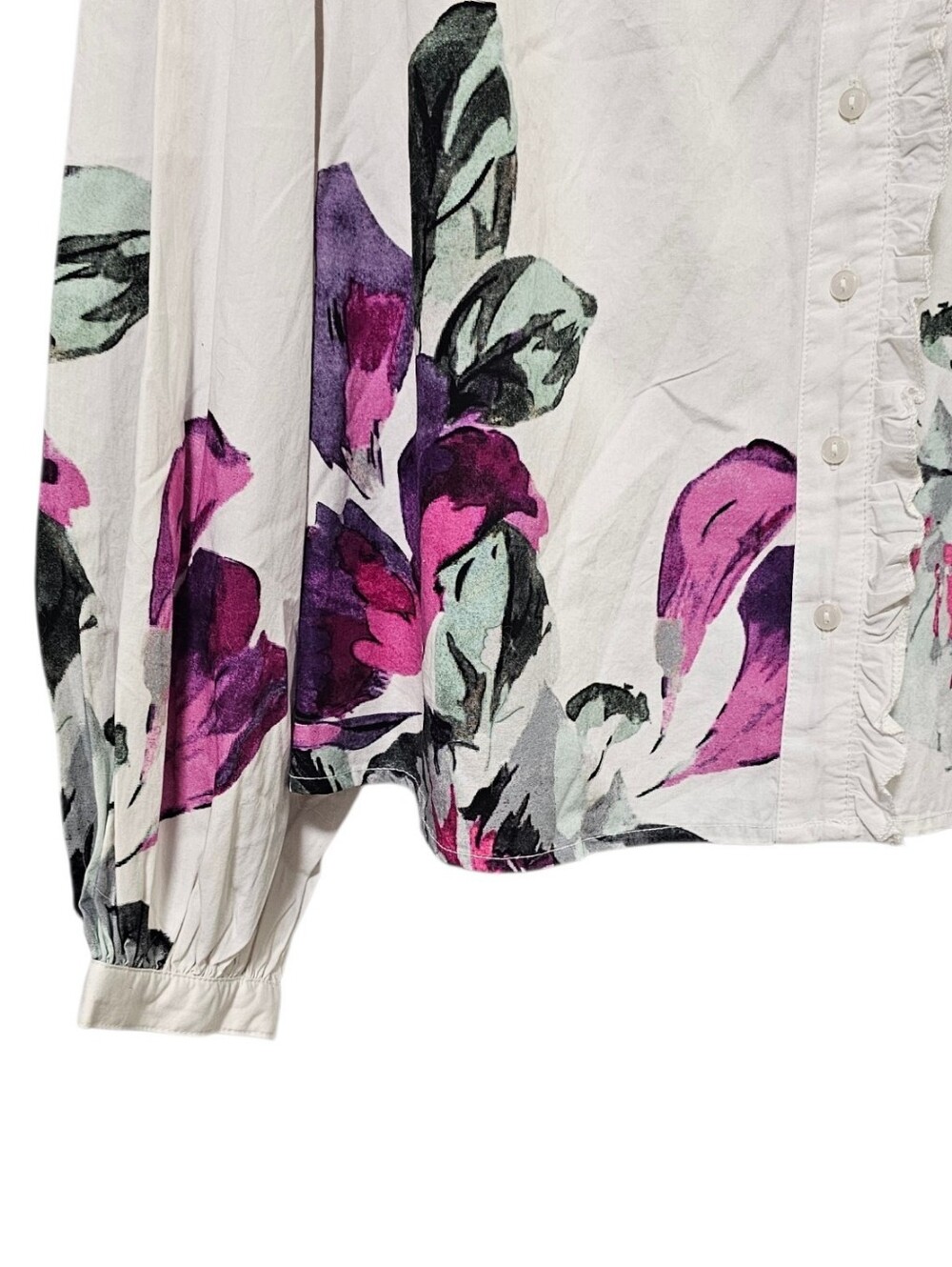Anthropologie Forever That Girl Floral Ruffle Button Down Peasant Blouse Size L - Picture 7 of 13